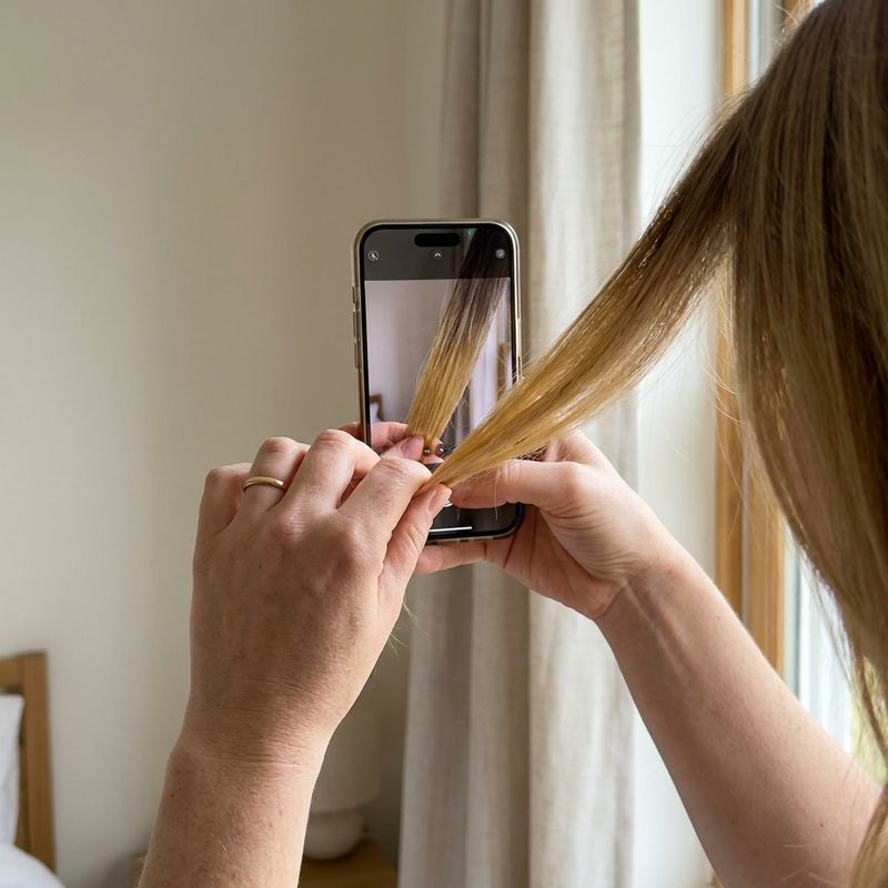 Manos sosteniendo un móvil para fotografiar un mechón de pelo suelto junto a una ventana con luz natural
