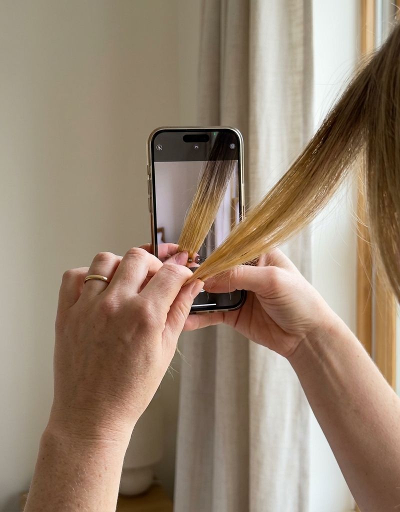 Manos sosteniendo un móvil para fotografiar un mechón de pelo suelto junto a una ventana con luz natural