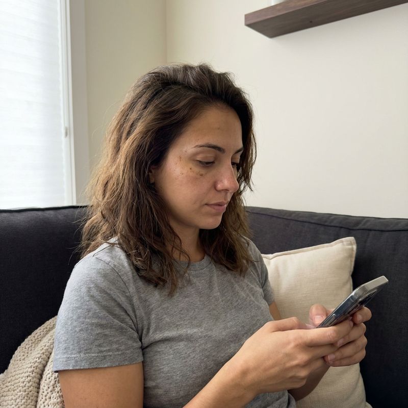 Persona sentada en el sofá de casa escribiendo un mensaje en el móvil con luz natural de ventana