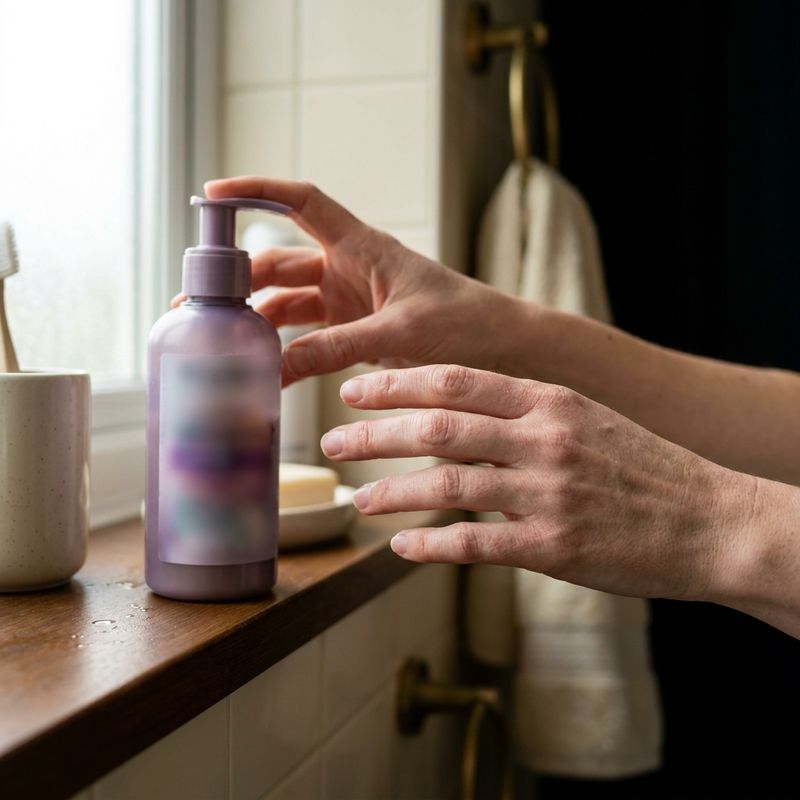 Manos alcanzando un bote de champú morado en la balda del baño de casa, junto a otros productos cotidianos