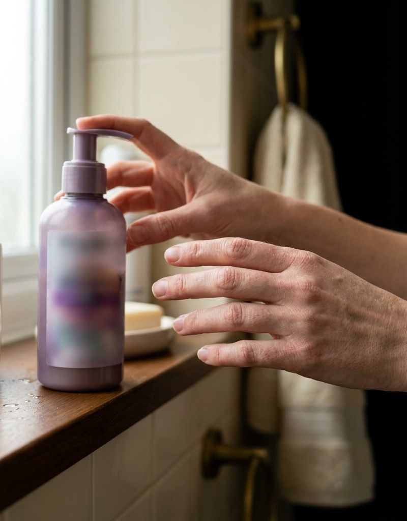 Manos alcanzando un bote de champú morado en la balda del baño de casa, junto a otros productos cotidianos