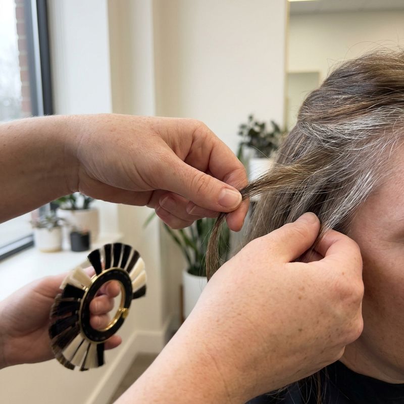 Manos profesionales separando un mechón con canas cerca de la sien para comparar con un muestrario de color, cabeza de perfil
