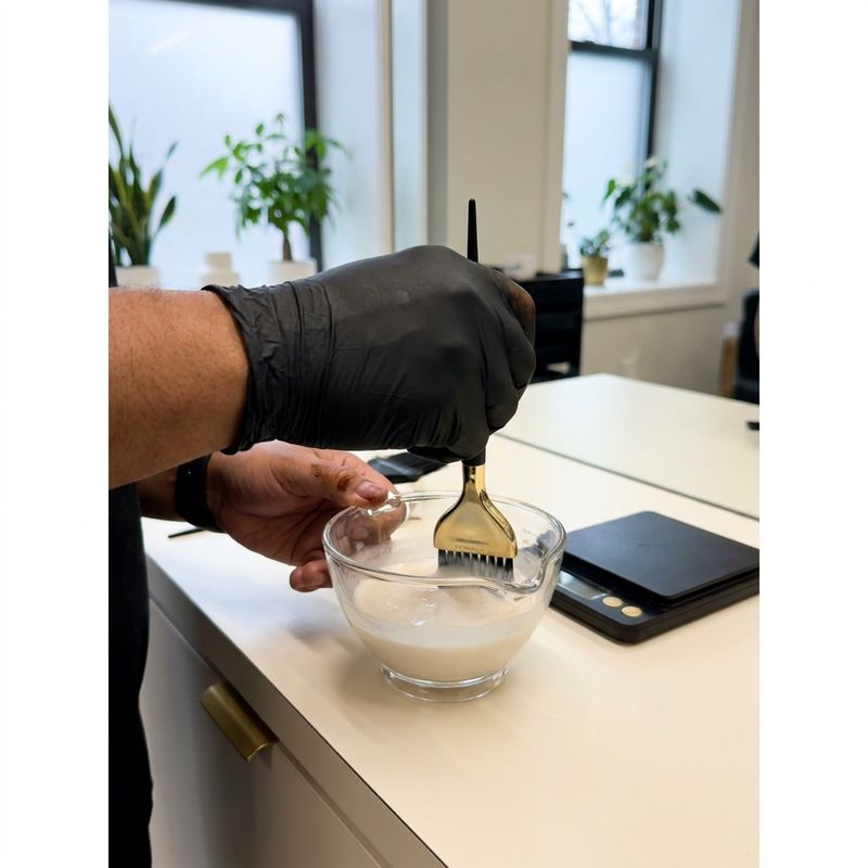 Mano enguantada mezclando superaclarante en crema con oxidante en un bol de cristal, báscula digital al fondo en mesa de salón