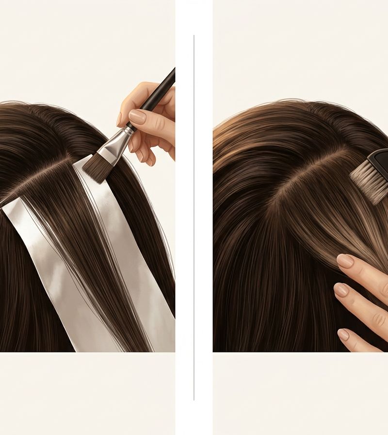 Comparison of shadow root technique with foil vs freehand brush showing precision at the hairline demarcation