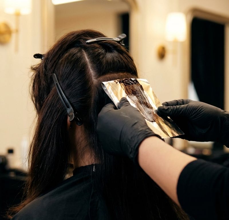Professional colorist placing foil at the root for shadow root with foil technique
