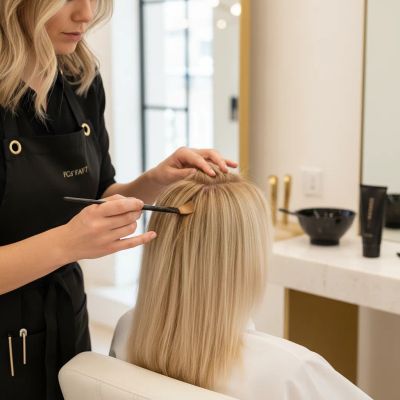 Colorista profissional aplicando a técnica shadow root com pincel para esfumar raízes