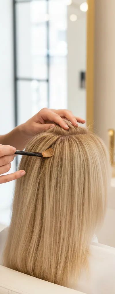 Colorista profesional aplicando técnica shadow root con pincel para difuminar raíces