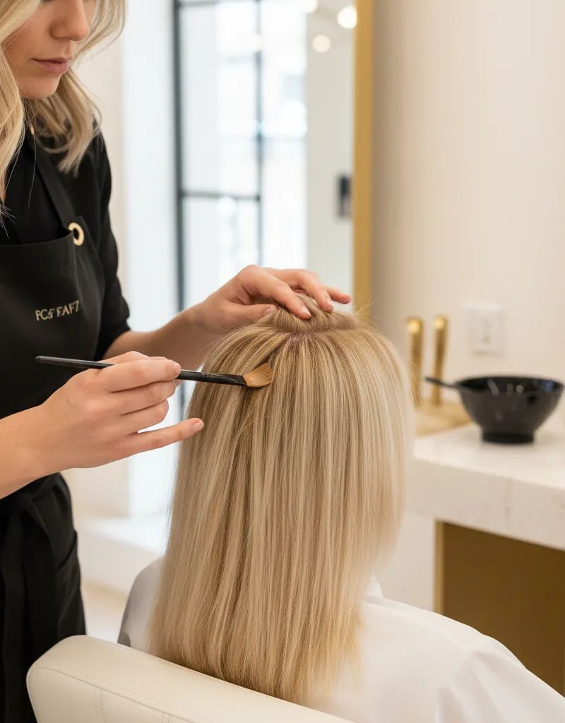Professional colorist applying shadow root technique with brush to blend roots