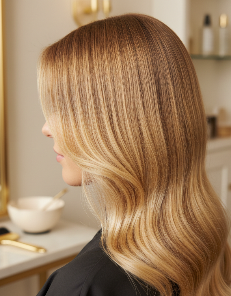 Resultado de shadow root perfecto con transición gradual de raíz oscura a puntas rubias