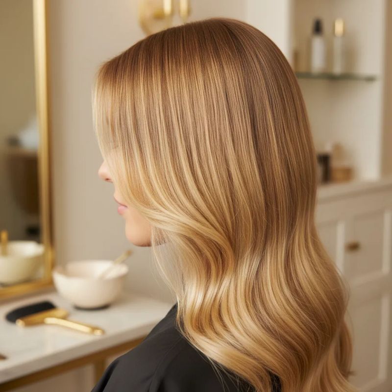 Perfect shadow root result with gradual transition from dark root to blonde ends