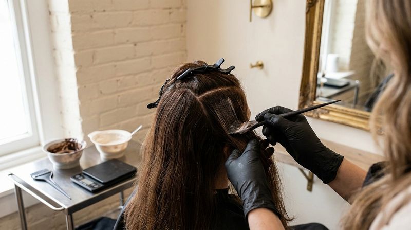 Gloved hands applying color with a brush on fine sections at the root of dry hair, with two bowls on the trolley