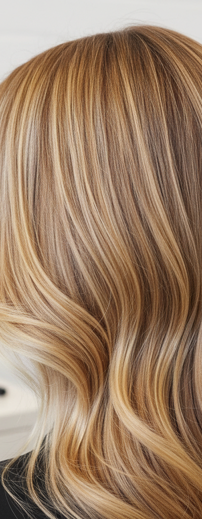 Cabello con tono Teddy Bear Blonde mostrando reflejos cálidos dorados y miel en salón profesional