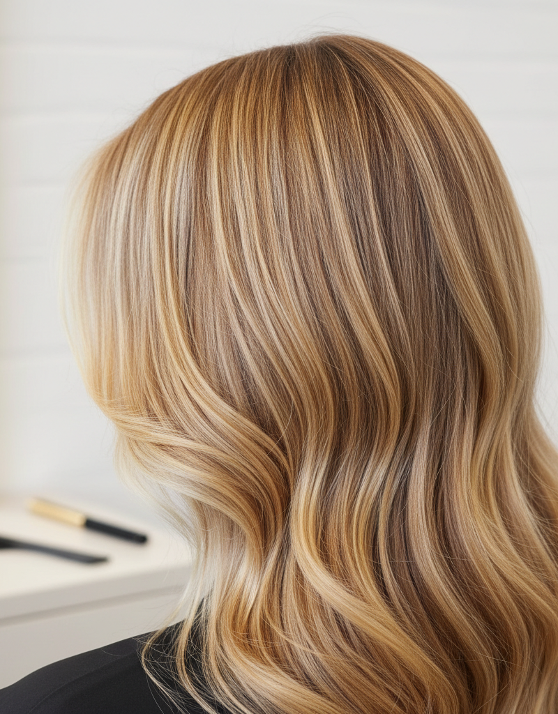 Cabello con tono Teddy Bear Blonde mostrando reflejos cálidos dorados y miel en salón profesional