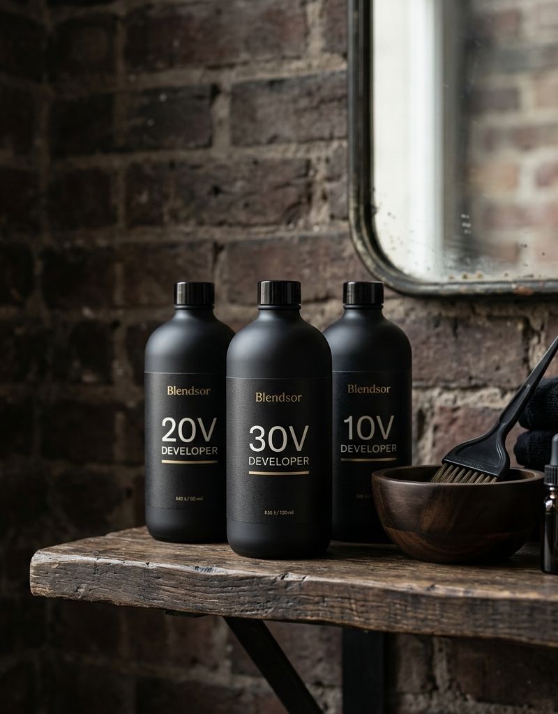 Hair color developer bottles of different volumes on salon shelf for root temperature control