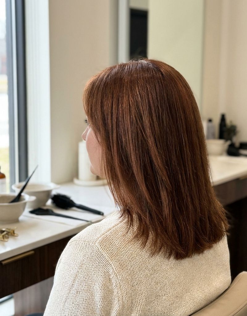 Melena auburn castaño rojizo elegante y natural, vista de espaldas en un salón con luz de ventana