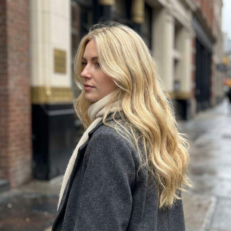 Cabelo loiro manteiga dourado e quente visto de perfil na rua, com luz natural difusa e reflexo cremoso sem cinza