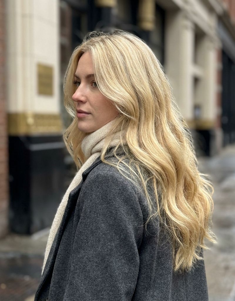Melena rubia mantequilla dorada y cálida vista de perfil en la calle, con luz natural difusa y reflejo cremoso sin cenizas