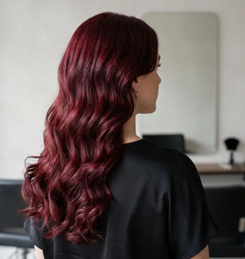 Hair with cherry red 2026: deep cherry red with violet base, intense and editorial