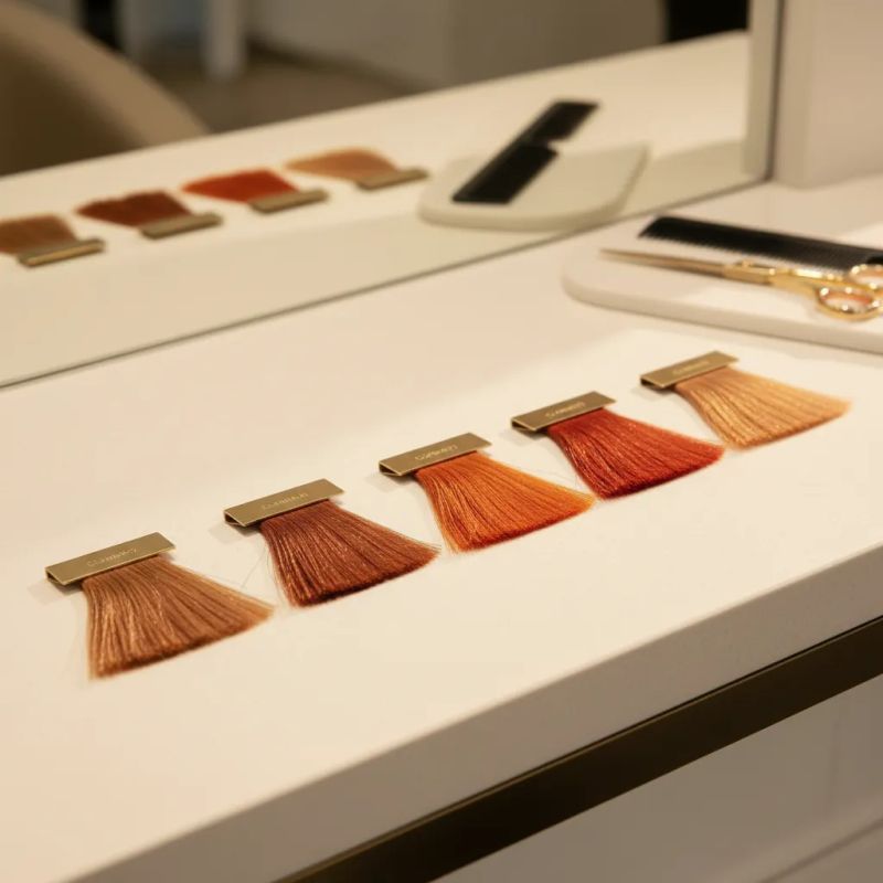 Espectro de tons acobreados desde canela sutil até copper sunset vibrante e strawberry copper