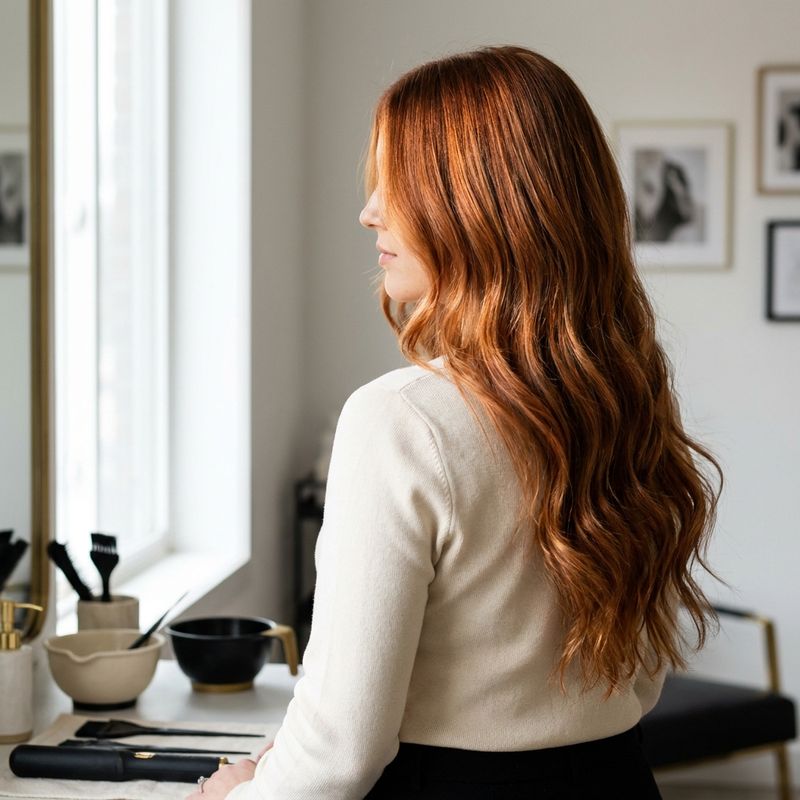 Cabelo cobre copper sunset com reflexo metálico quente, visto de perfil perto de uma janela com luz natural
