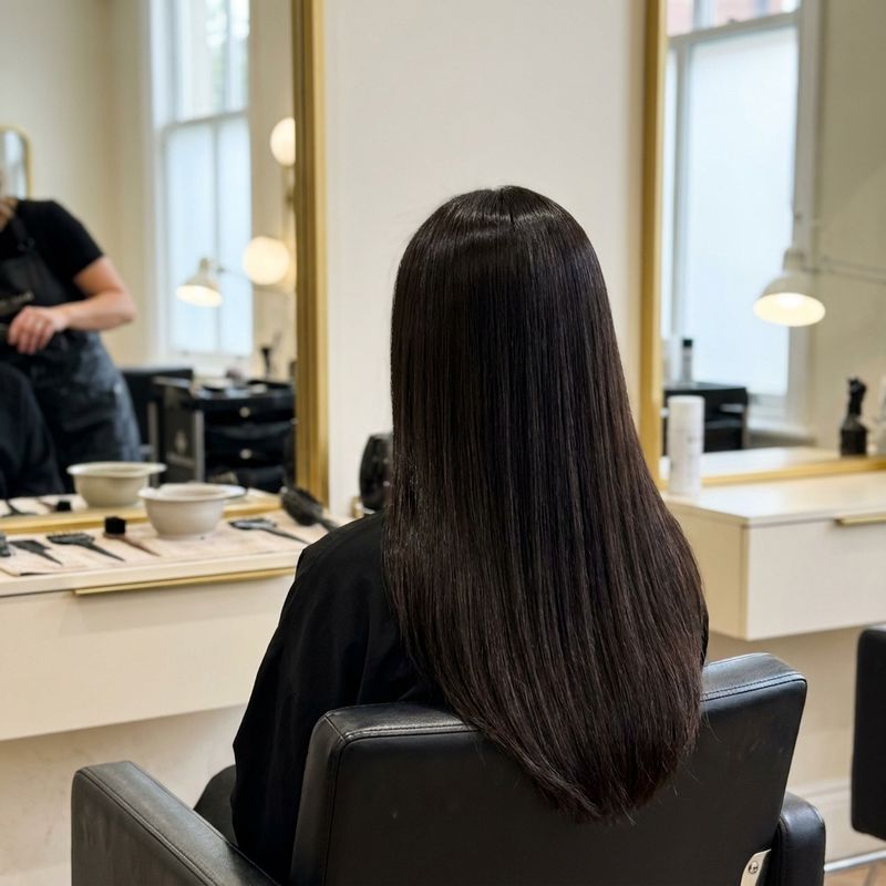 Cabelo espresso escuro quase preto com brilho espelhado, visto de costas em frente ao espelho do salão