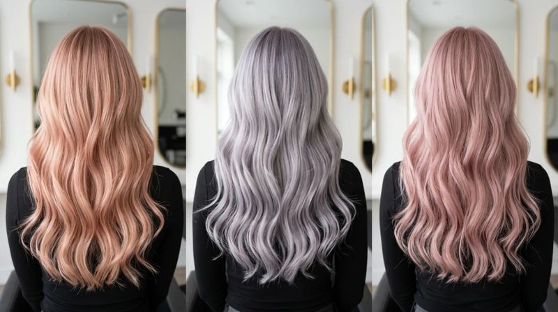 Comparativo visual das fantasias tendência 2026: rose gold, lavender grey e dusty pastels dessaturados