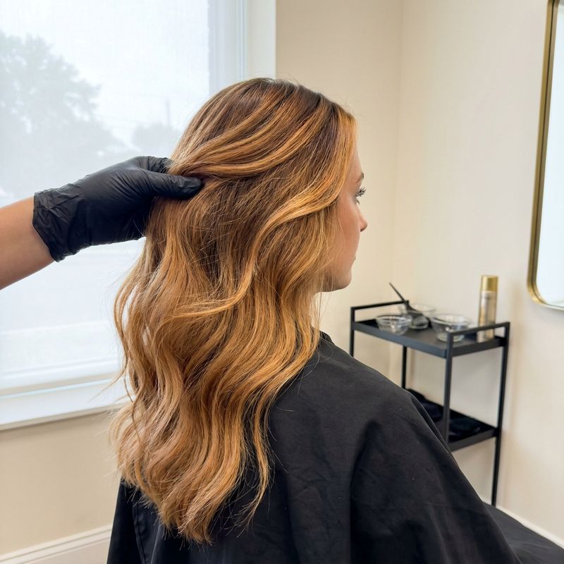 Colorista aplicando balayage loiro mel dourado-cobreado em mechas onduladas, com luva e luz de janela no salão
