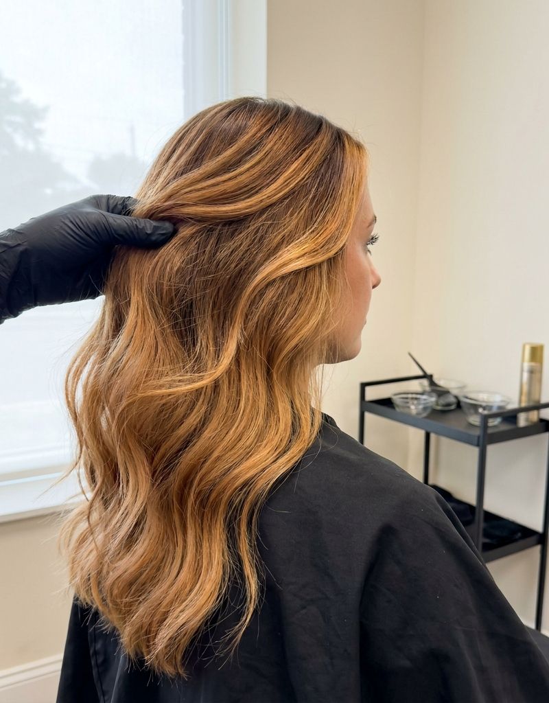 Colorista aplicando balayage rubio miel dorado-cobrizo sobre mechones ondulados, con guante y luz de ventana en cabina