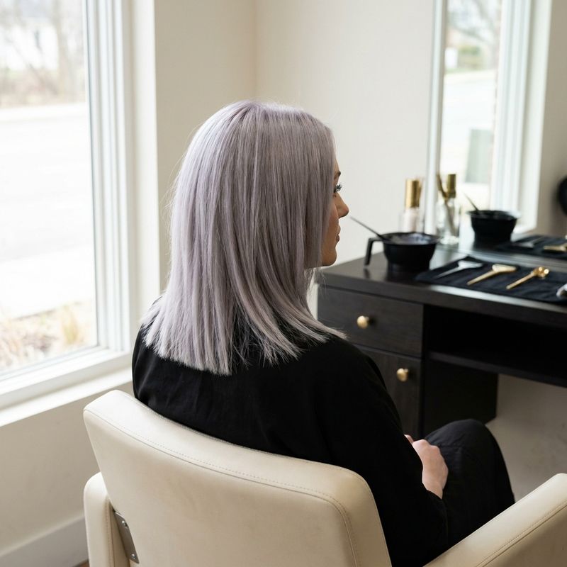 Cabelo cinza lavanda sobre base platinada, visto de costas num salão junto a uma penteadeira com luz de janela