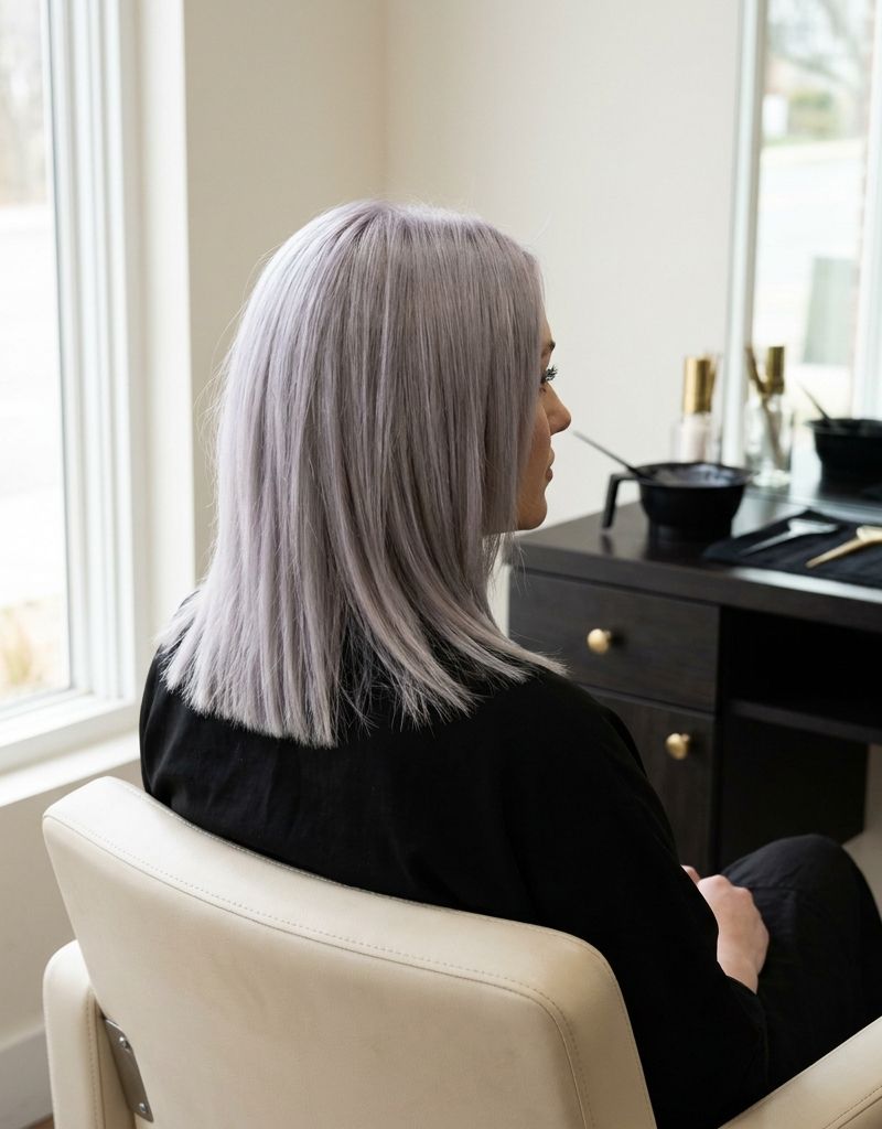 Melena gris lavanda sobre base platino, vista de espaldas en un salón frente a un tocador con luz de ventana