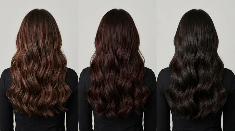 Comparativo visual dos três morenos tendência 2026: rich brunette, chocolate cherry e espresso