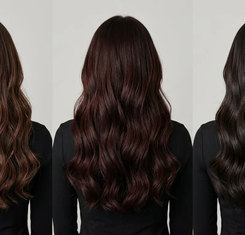 Visual comparison of the three trending 2026 brunettes: rich brunette, chocolate cherry and espresso