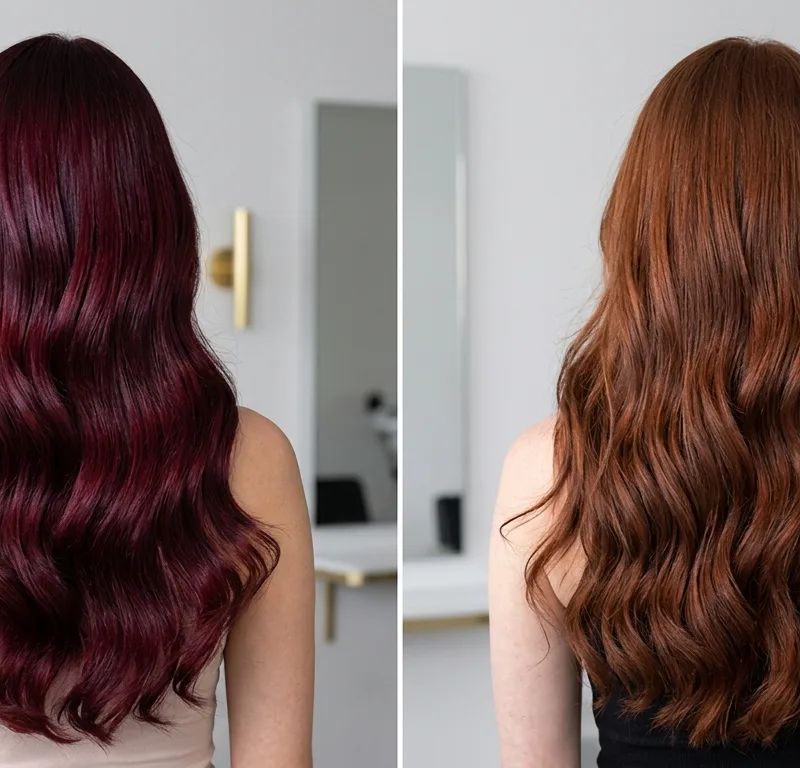 Visual comparison of trending 2026 reds: intense cherry red and natural auburn