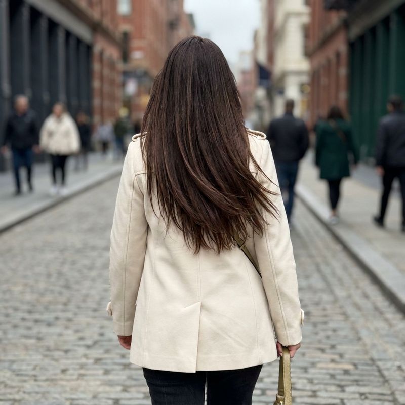 Cabelo moreno rico com reflexos mogno e dimensão, visto de costas caminhando por uma rua de paralelepípedos