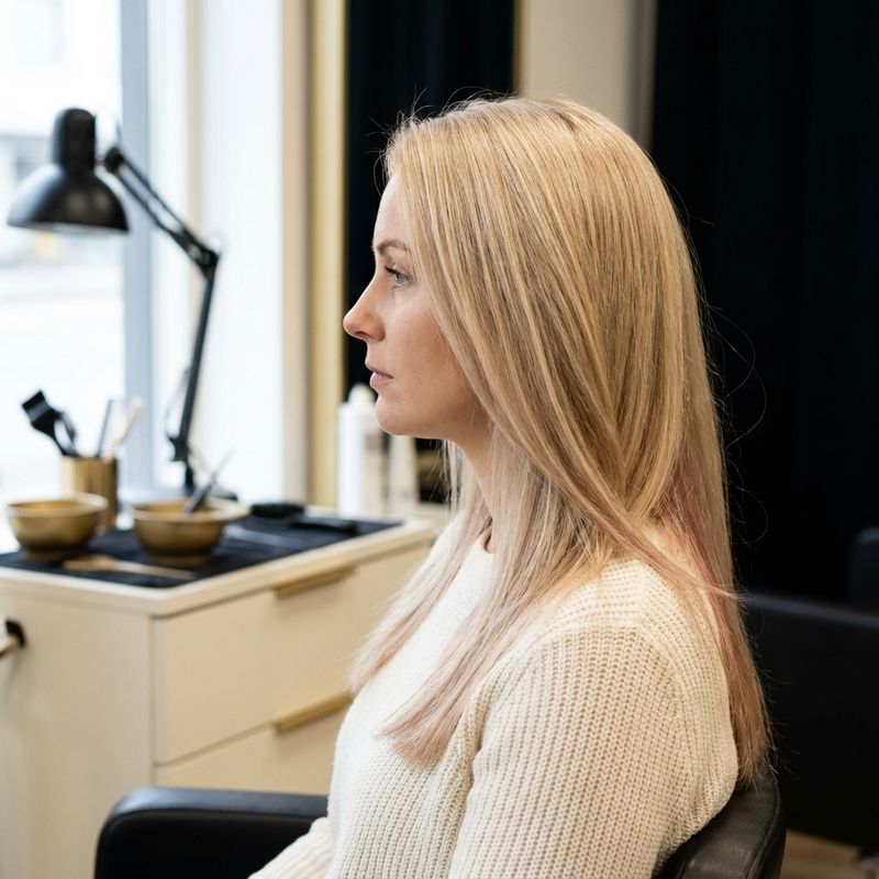 Cabelo loiro com brilho rose gold translúcido nas pontas, visto de perfil num salão com luz natural