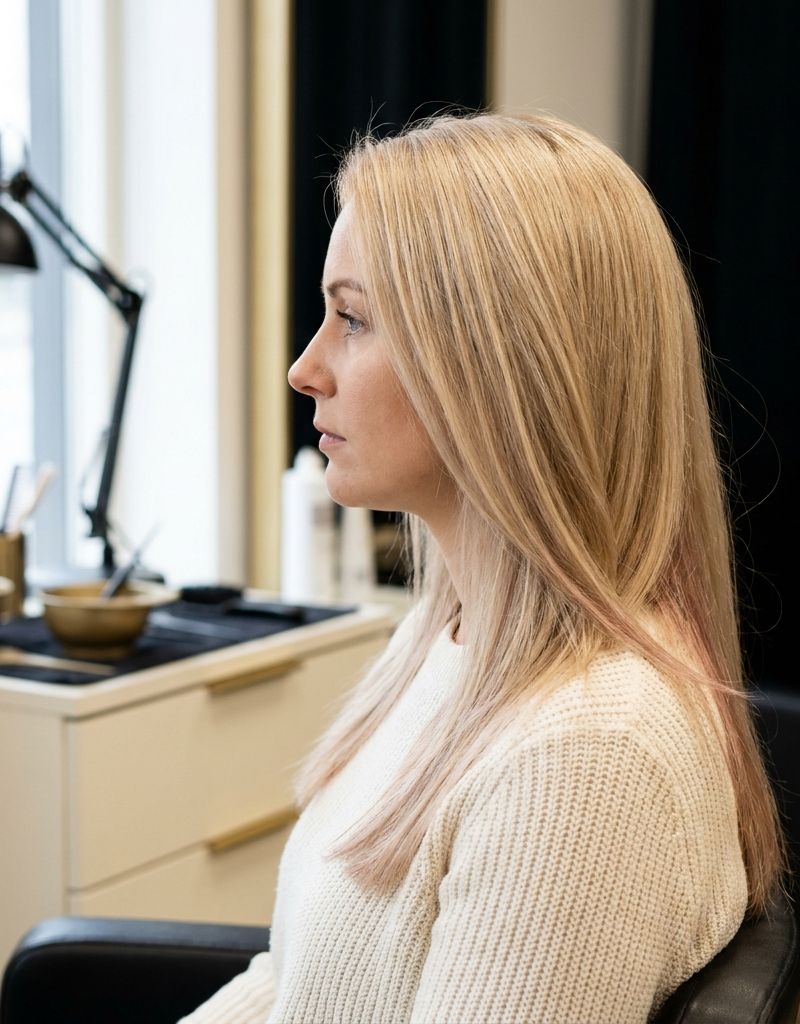 Melena rubia con destello rose gold translúcido en las puntas, vista de perfil en un salón con luz natural