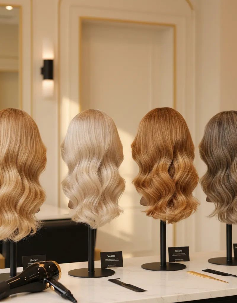 Visual comparison of the four trending 2026 blonde tones: butter blonde, vanilla blonde, honey blonde and mushroom blonde
