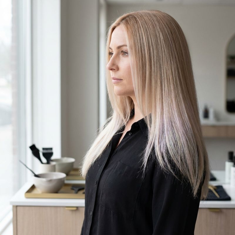 Cabelo loiro baunilha com base quente cremosa e reflexo frio irisado nas pontas, perto de uma janela com luz natural