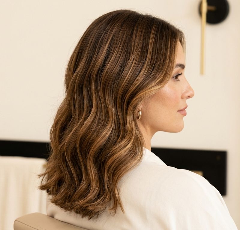 Caramel Flan brunette: warm brown with honey and caramel tonal layers showing dimensional movement