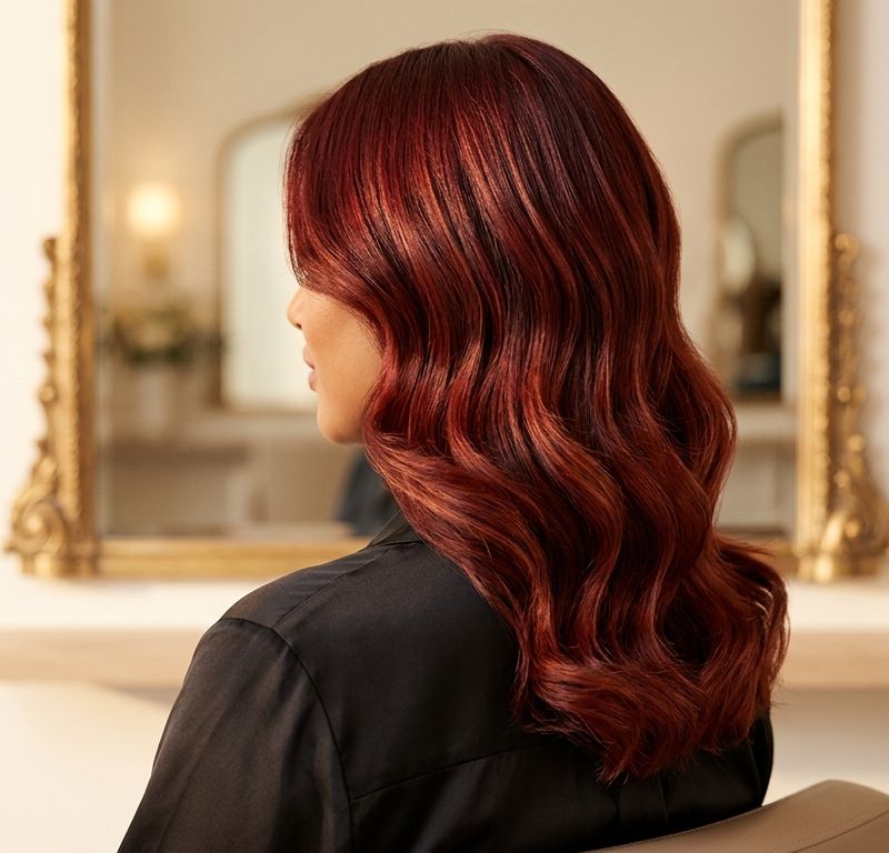 Cherry Crush Red: dimensional red hair color with depth from deep cherry to bright copper tones