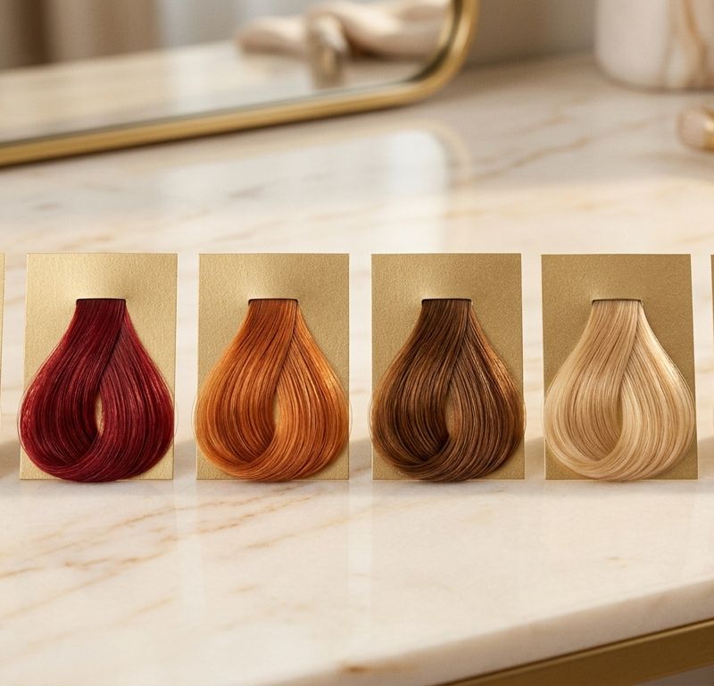 Collage of spring 2026 hair color trends showing warm and natural tones against a bright salon background