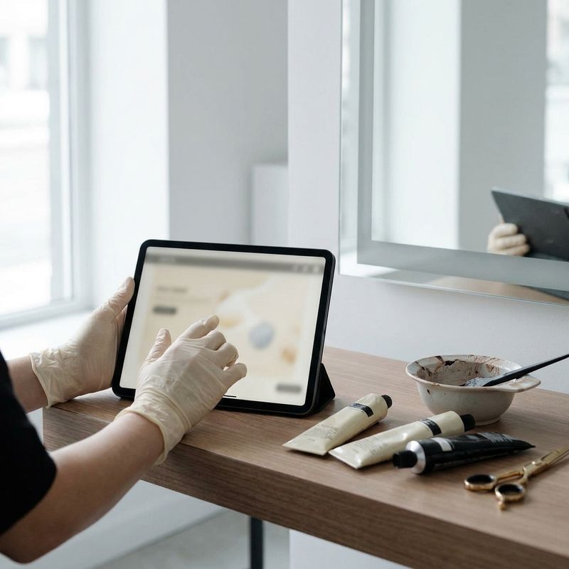 Mãos com luvas registrando uma nota em um tablet ao lado de bisnagas de tintura e um pote com resíduo de mistura