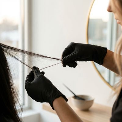Mãos profissionais com luvas realizando teste de elasticidade em uma mecha de cabelo em salão