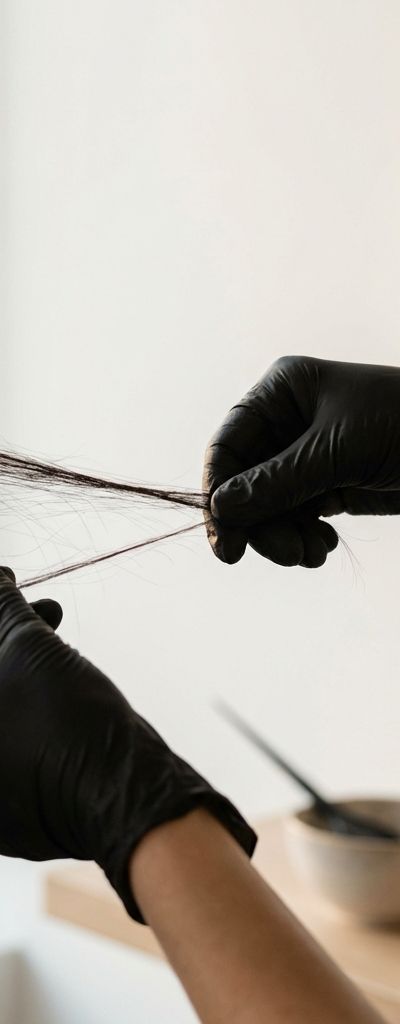 Manos profesionales con guantes realizando test de elasticidad en un mechón de cabello en salón
