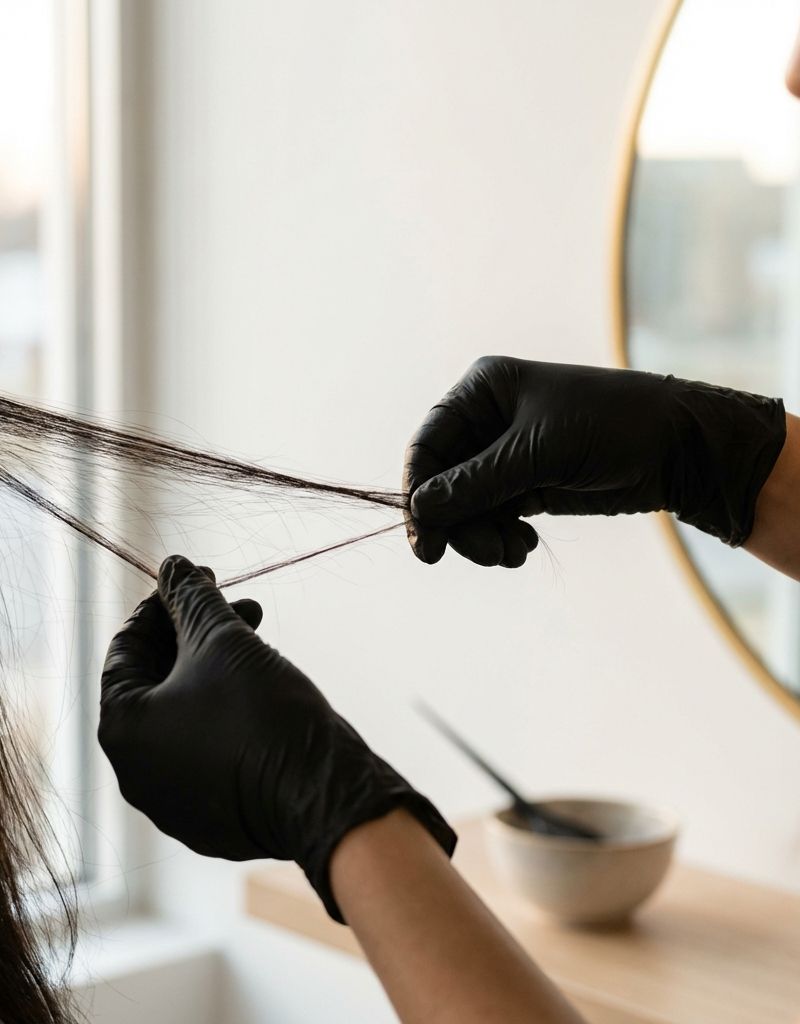 Professional hands with gloves performing an elasticity test on a hair strand in a salon