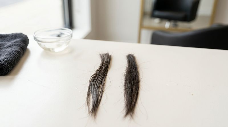 Dos mechones de cabello castaño colocados uno junto al otro sobre una superficie clara, con un bol de cristal al lado