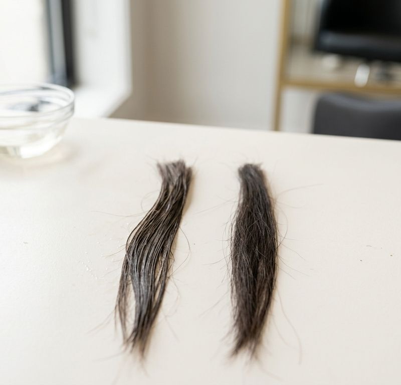 Dos mechones de cabello castaño colocados uno junto al otro sobre una superficie clara, con un bol de cristal al lado