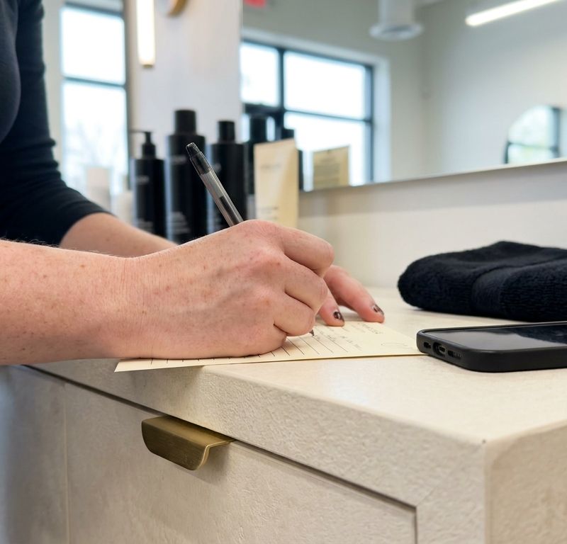 Manos anotando unas líneas en una ficha de cliente sobre el mostrador del salón, con un móvil al lado