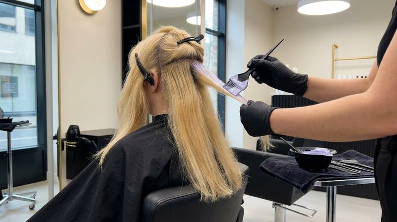 Lilac toner brushed onto a section of yellowish blonde hair, seen from behind, with the sections held in clips