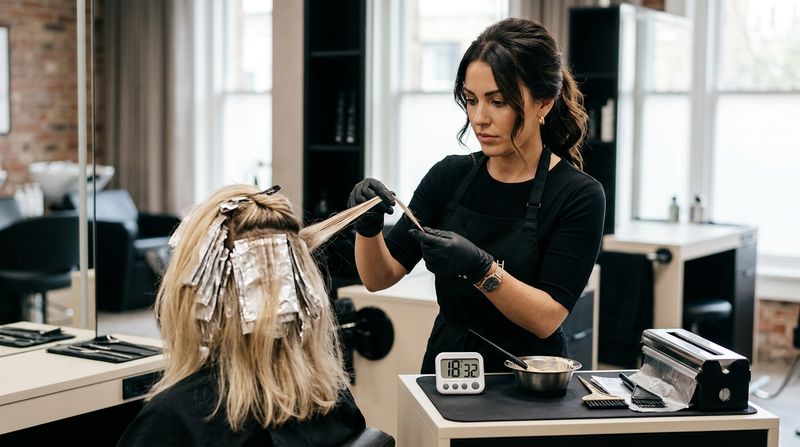 Colorista profissional revisando o cabelo durante o processamento com cronômetro visível
